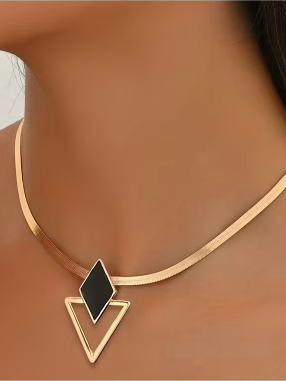 Gold Choker Necklace with Black Geometric Pendant